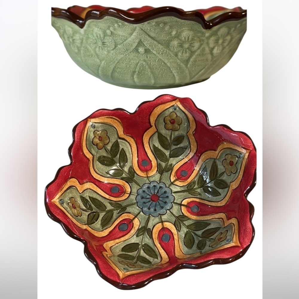 Pier1 Imports Carynthum Hand Painted Floral Pottery Vegetable Salad Serving Bowl